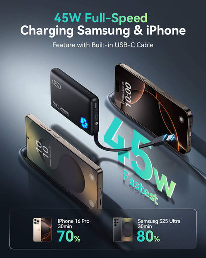 INIU P41L-E1 Power Bank: 45W fast charging Samsung & iPhone with built-in USB-C cable, charges in 30 mins