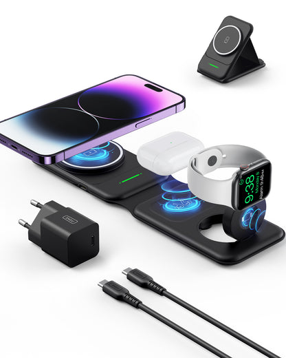 INIU SnapGo WI222 3-in-1 wireless charging pad with iPhone, AirPods, Apple Watch and accessories