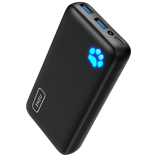 INIU B42 Power Bank, sleek black design with illuminated paw print icon and multiple ports for fast charging