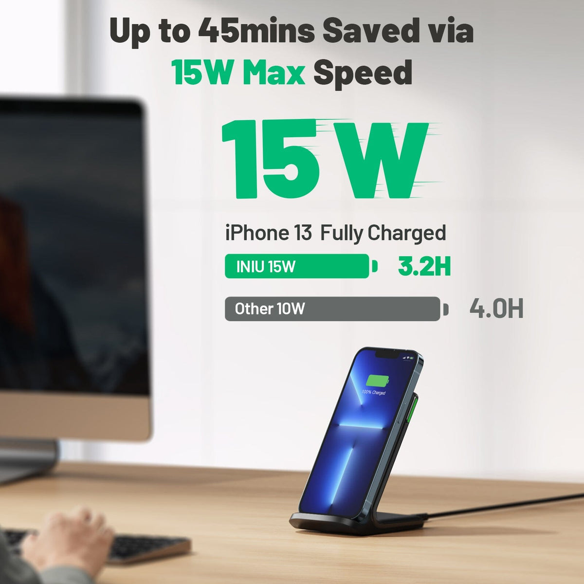 INIU I211 wireless charger, iPhone 13 charging in 3.2H, 15W fast charging, black wireless charger
