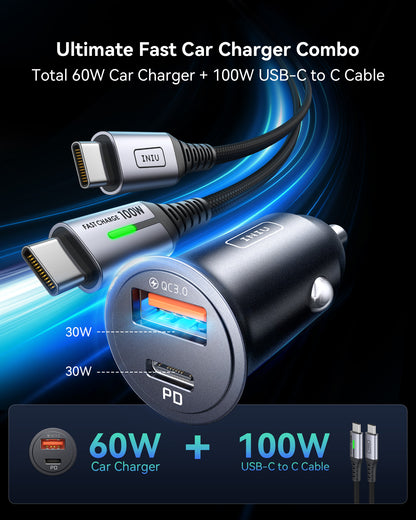 INIU 60W 2-Port Car Charger with 100W USB-C Cable