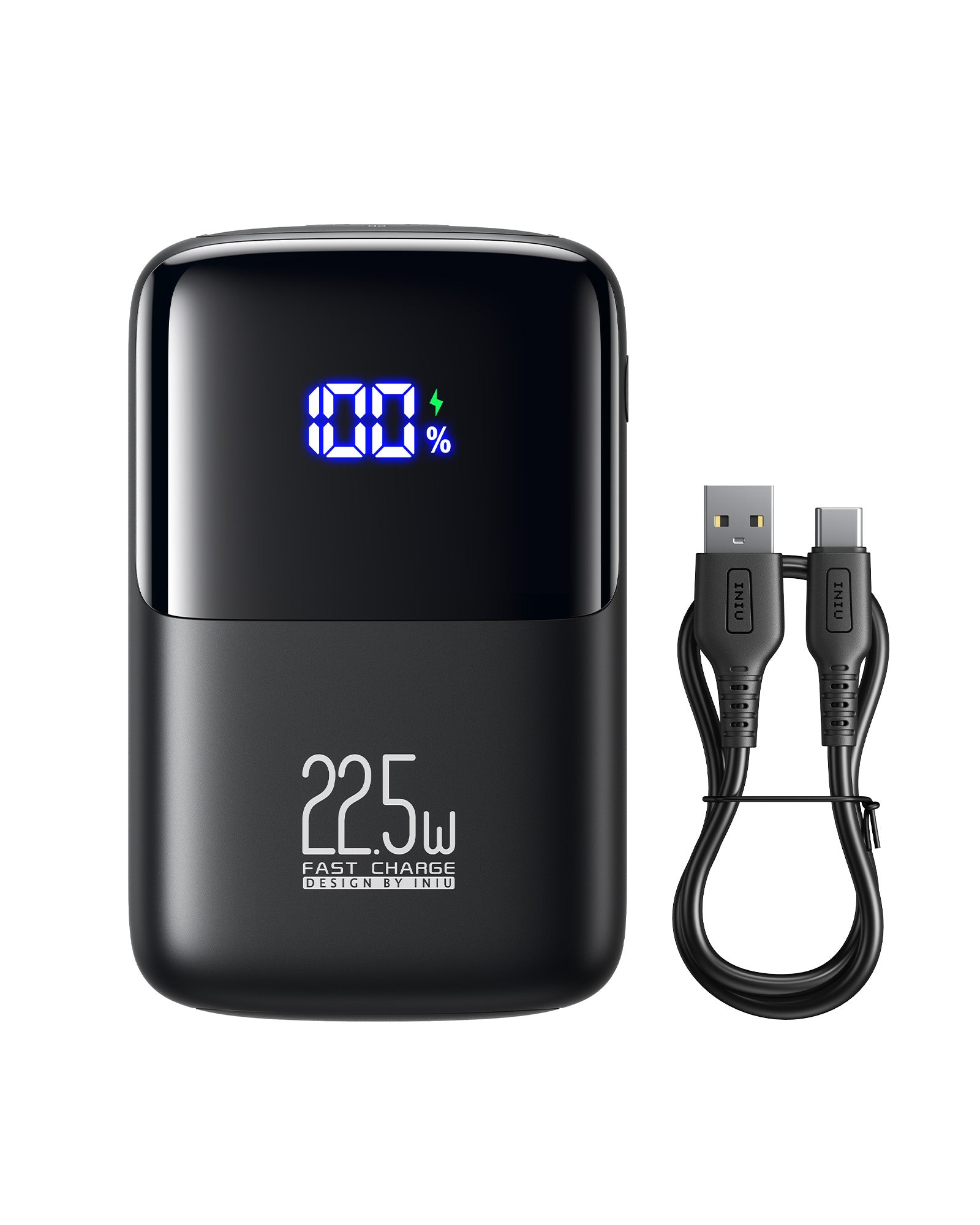 INIU B61 Power Bank 10000mAh black, showing 100% charge, 22.5W fast charging, with USB-C cable