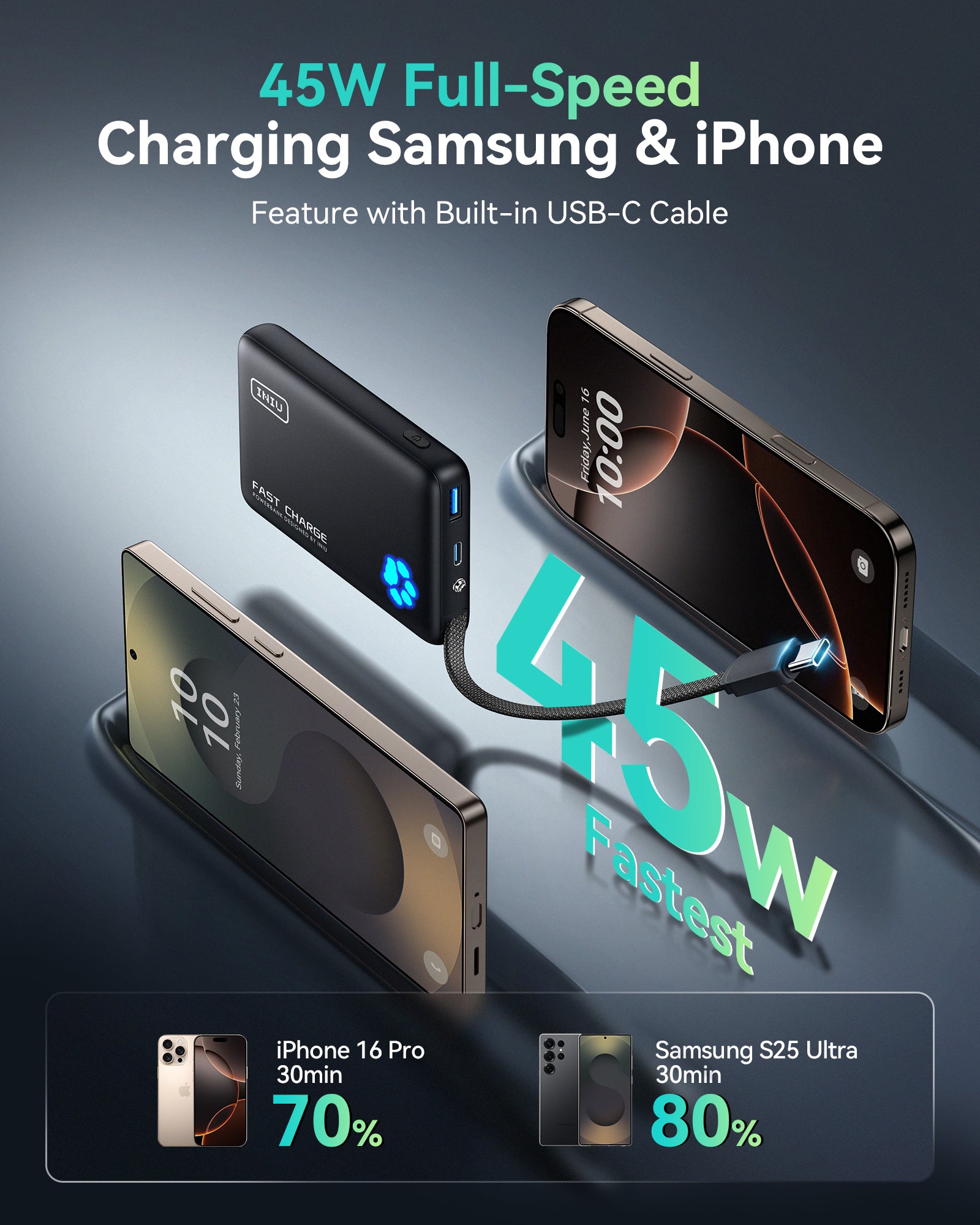 INIU Pawsible P41L-E2 Power Bank with Build in Cable Slimmest 45W 10000mAh