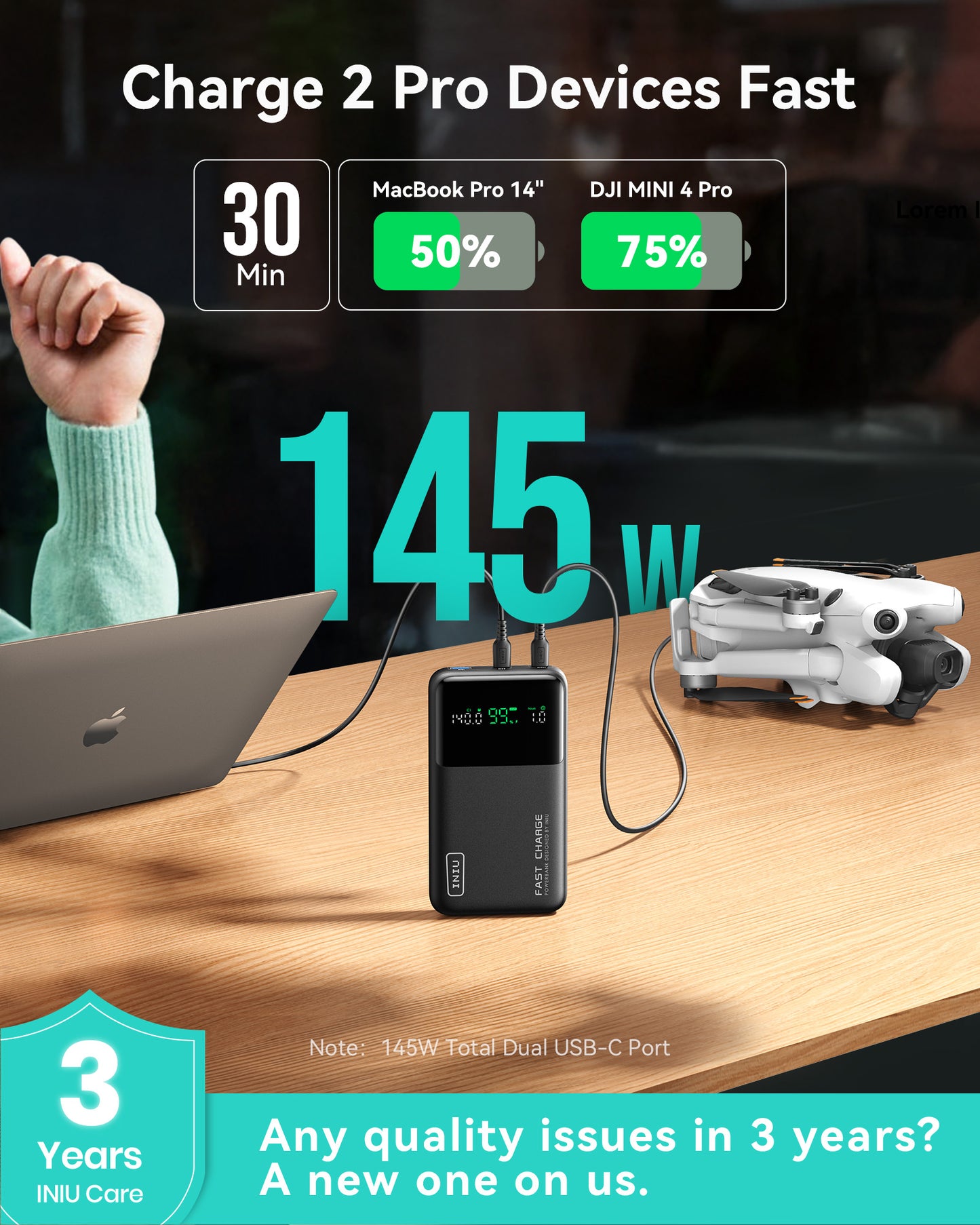 INIU Cougar P64-E1 Power Bank Najszybszy 140 W 25000 mAh