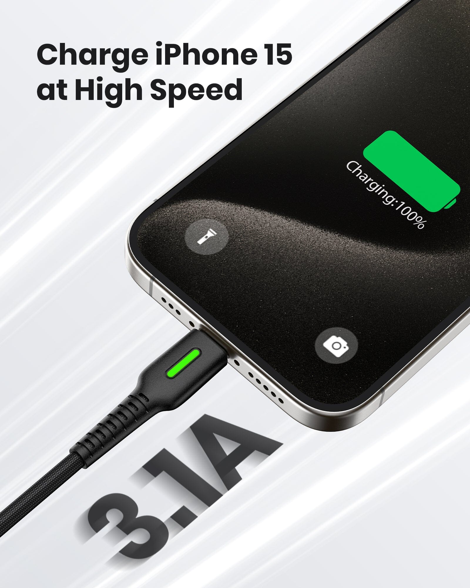 INIU D3C USB-A to USB-C Cable iPhone 15, black braided cable charging iPhone at high speed, LED indicator, 3.1A fast charging