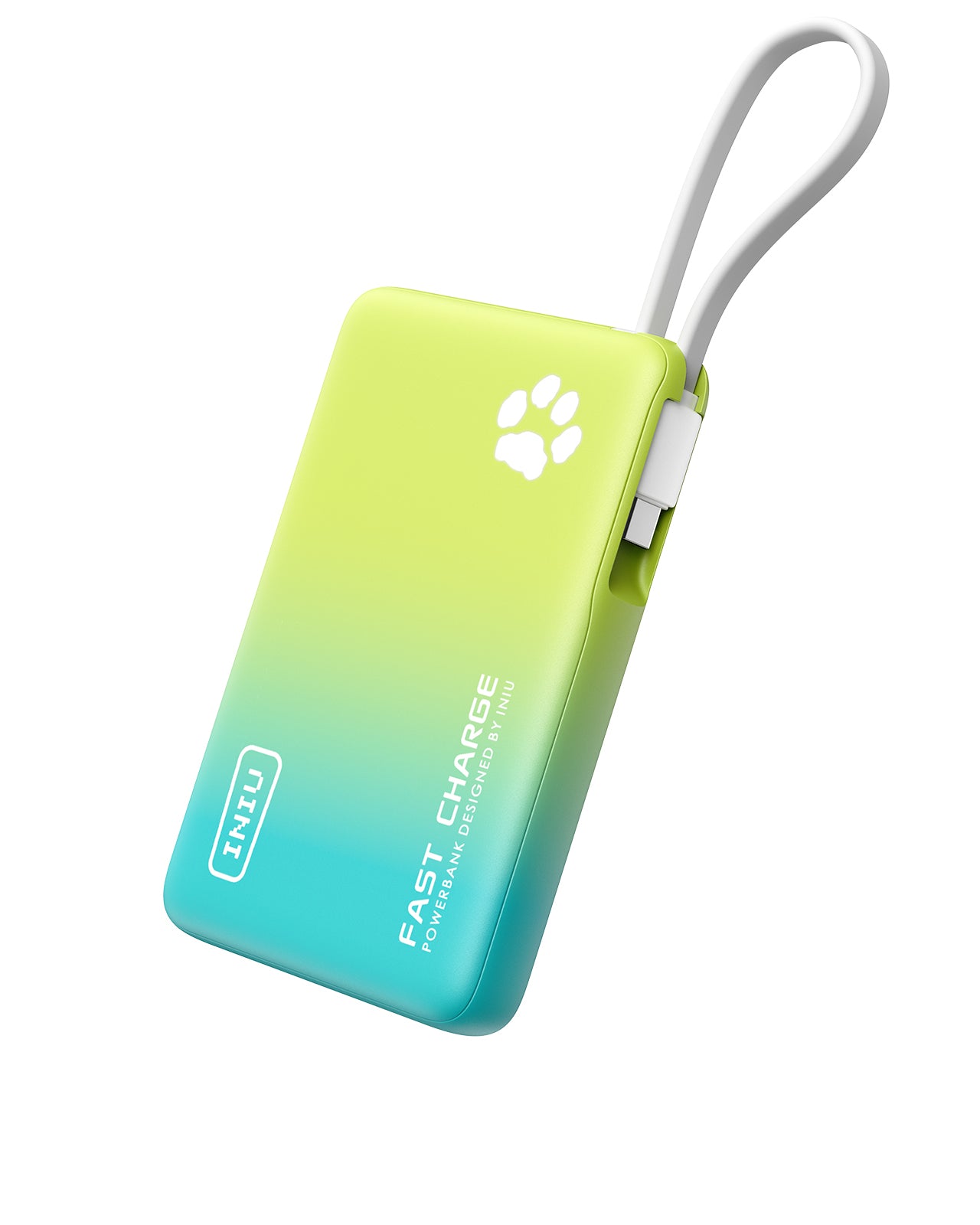 INIU gradient power bank with paw logo and built-in cable. Great Black Friday tech gift for men.