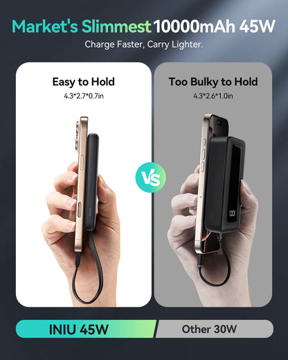 INIU P41L-E1 10000mAh 45W power bank comparison: slim vs bulky design, fast charging, easy to hold