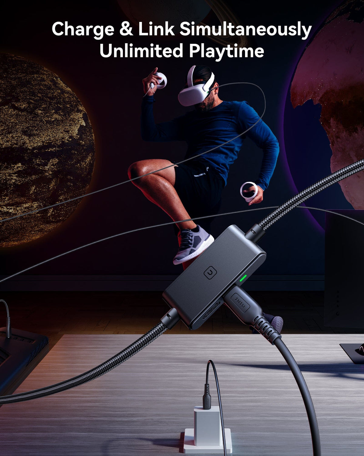 INIU DI401 VR Link Cable, Charge & Link Simultaneously, Unlimited Playtime, black braided cable and gray USB hub