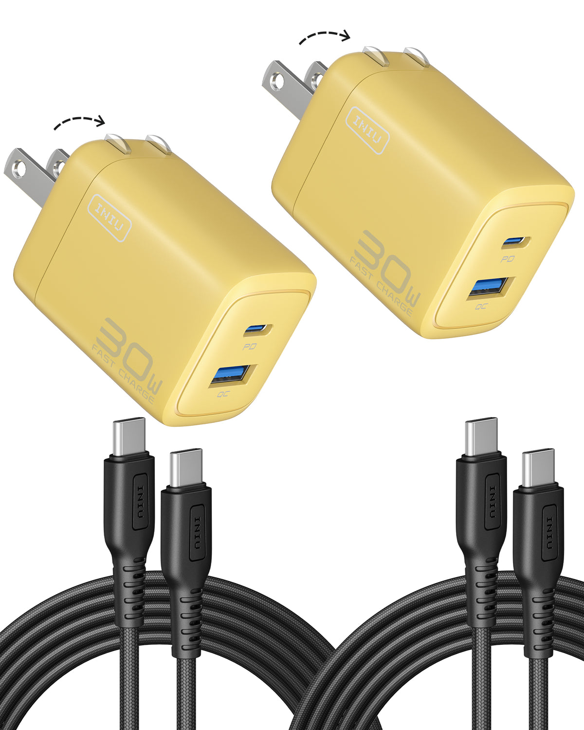 Two yellow INIU 30W dual port chargers with USB-C cables. Black Friday tech gifts for men, sale on chargers.