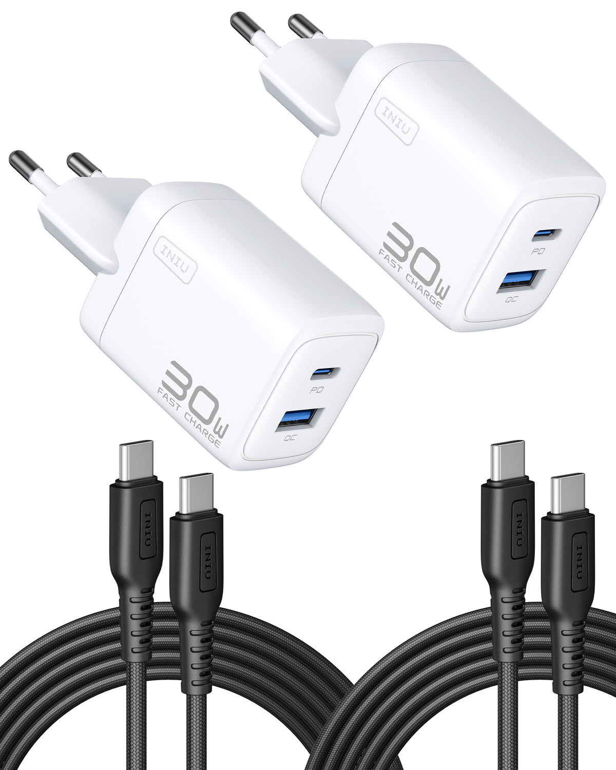 INIU Cougar A12 30W Charger, with USB-C Cable, 2-Pack