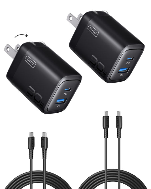 INIU A12-E1 Charger (2-pack) black with cables, 30W fast charging with dual ports for PD and QC