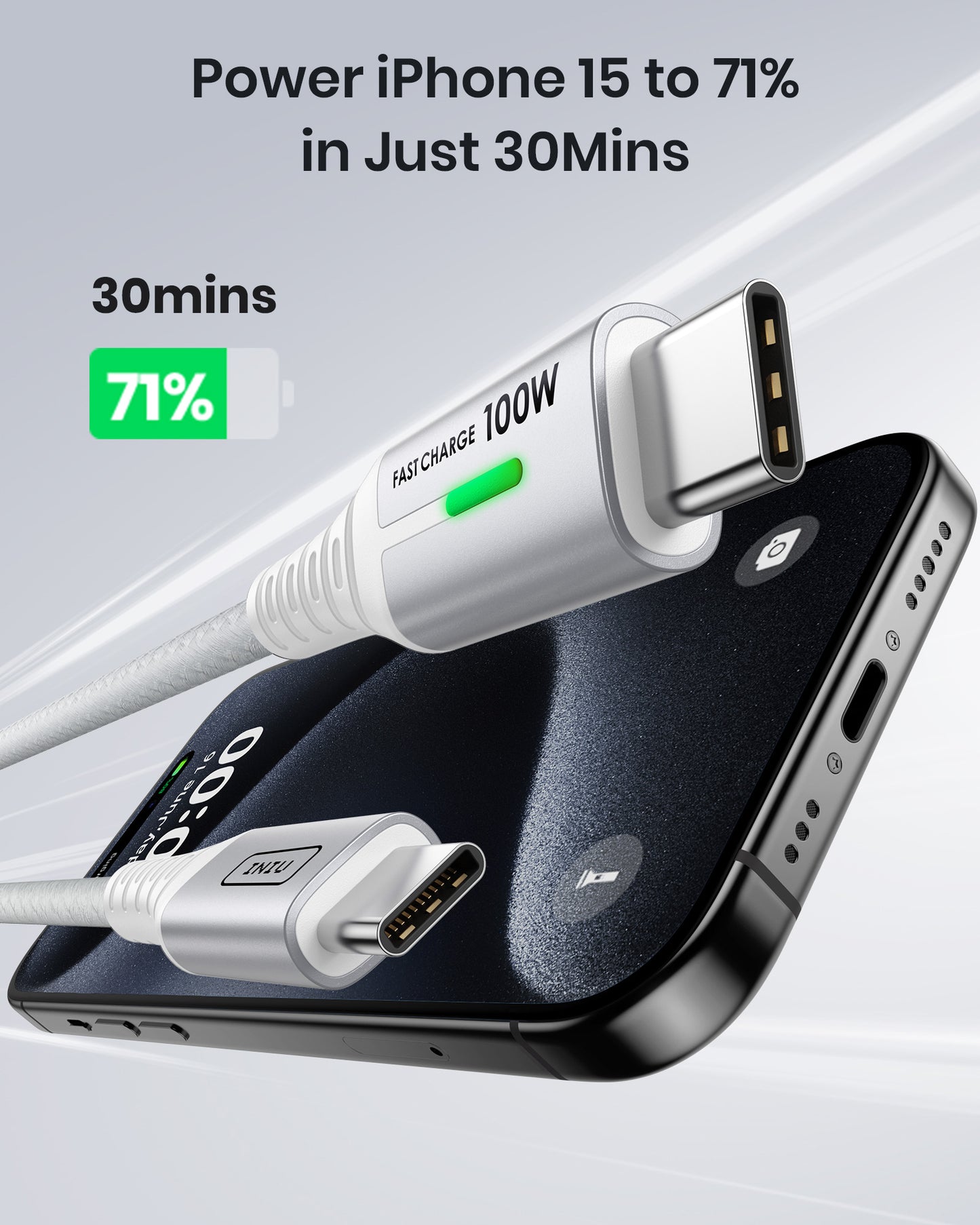 INIU D5CC 100W USB C to C Cable charging iPhone 15 to 71% in 30 mins, with white braided cable and silver connectors.