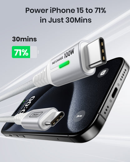 INIU D5CC 100W USB C to C Cable charging iPhone 15 to 71% in 30 mins, with white braided cable and silver connectors.