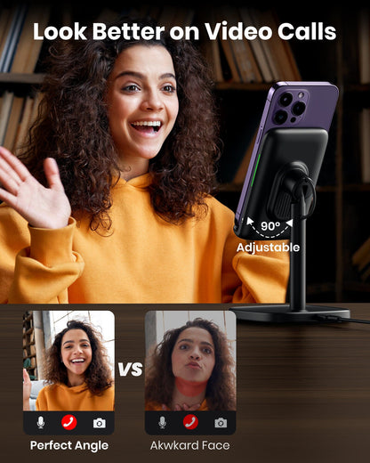 INIU I212 Wireless Charger Stand: Woman using phone during video call with adjustable angle, perfect for video conferencing.