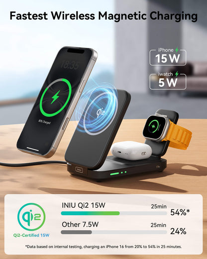 INIU SnapGo W31-E1: Qi2 15W 3-in-1 wireless charger, black, fast charging iPhone, iWatch, and AirPods.