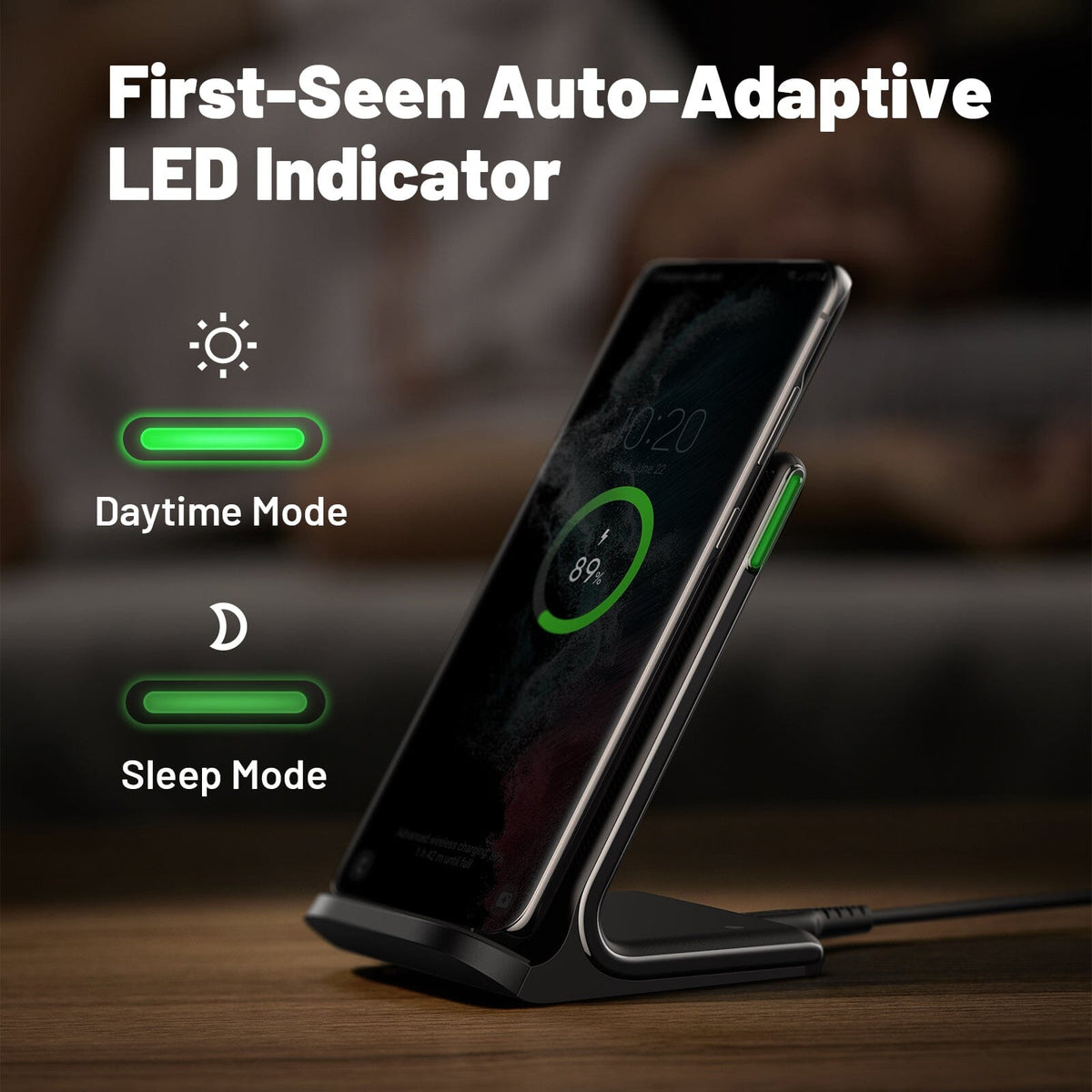 INIU I211 Wireless Charger with auto-adaptive LED indicator showing daytime and sleep modes, black charging station.