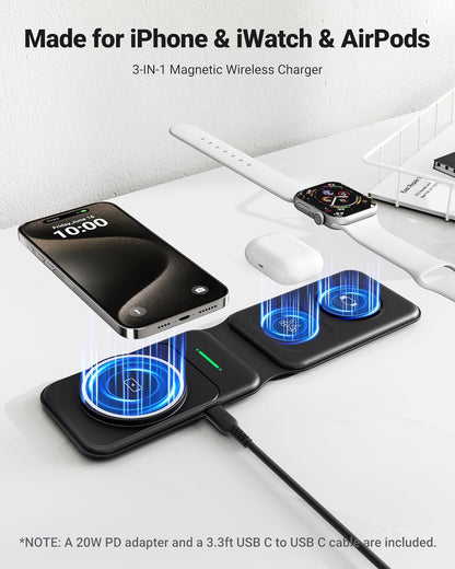 INIU Magnetic Foldable 3 in 1 Wireless Charger Compatible MagSafe for iPhone 15/14/13/12 Series, Apple Watch, AirPods (with 3.3ft 60W USB C-C Cable and 20W PD Adapter)