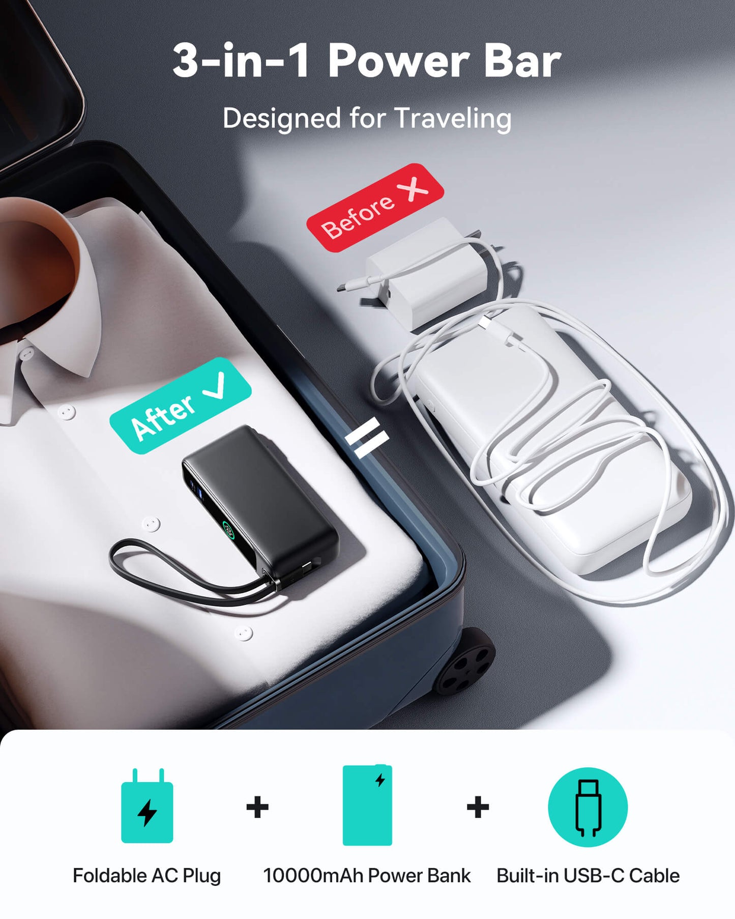 INIU Multi P21 Power Bank 3-in-1 Travel Charger: Black power bank, foldable AC plug and USB-C cable for convenient travel