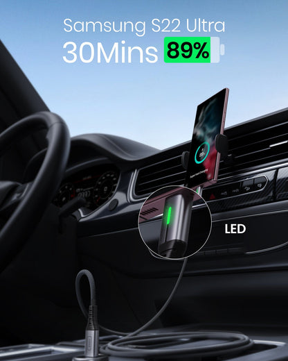 INIU 100W USB C Cable: Fast charging Samsung S22 Ultra to 89% in 30 minutes, braided cable, LED indicator, car charging.