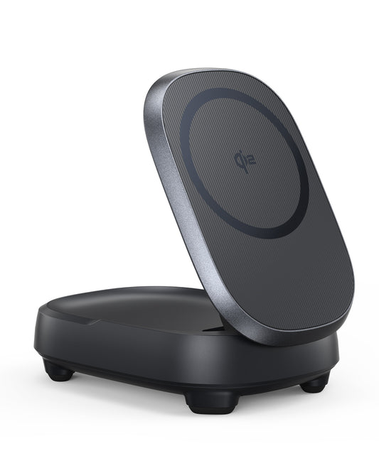 INIU WM211 Wireless Charger, foldable Qi2 wireless charging stand, black and silver color, compact and portable design