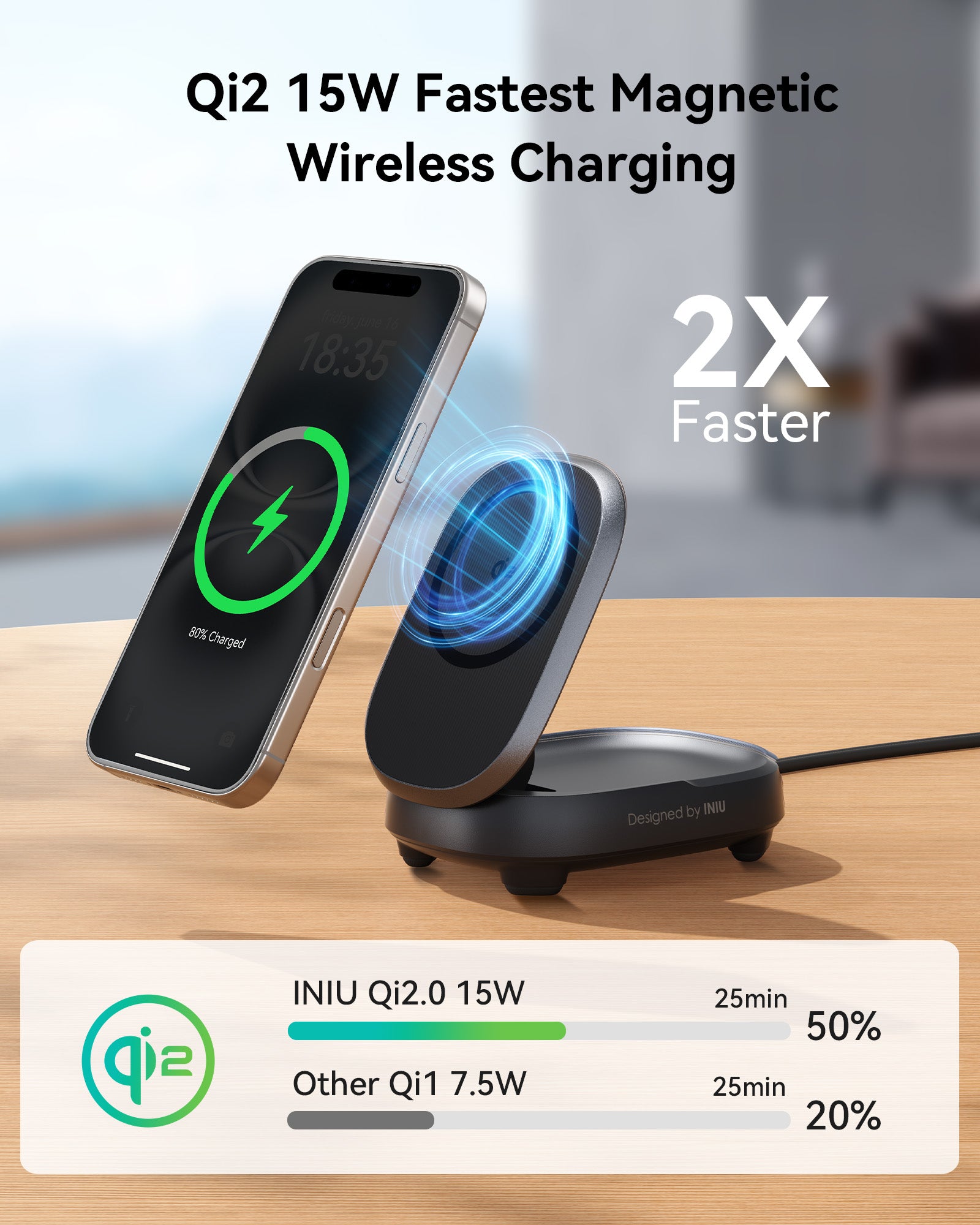 INIU WM211 Wireless Charger: Black Qi2 magnetic charging stand, fast charging iPhone, charging to 80%, 2X faster charging