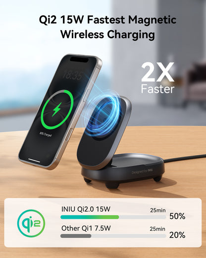 INIU WM211 Wireless Charger: Black Qi2 magnetic charging stand, fast charging iPhone, charging to 80%, 2X faster charging