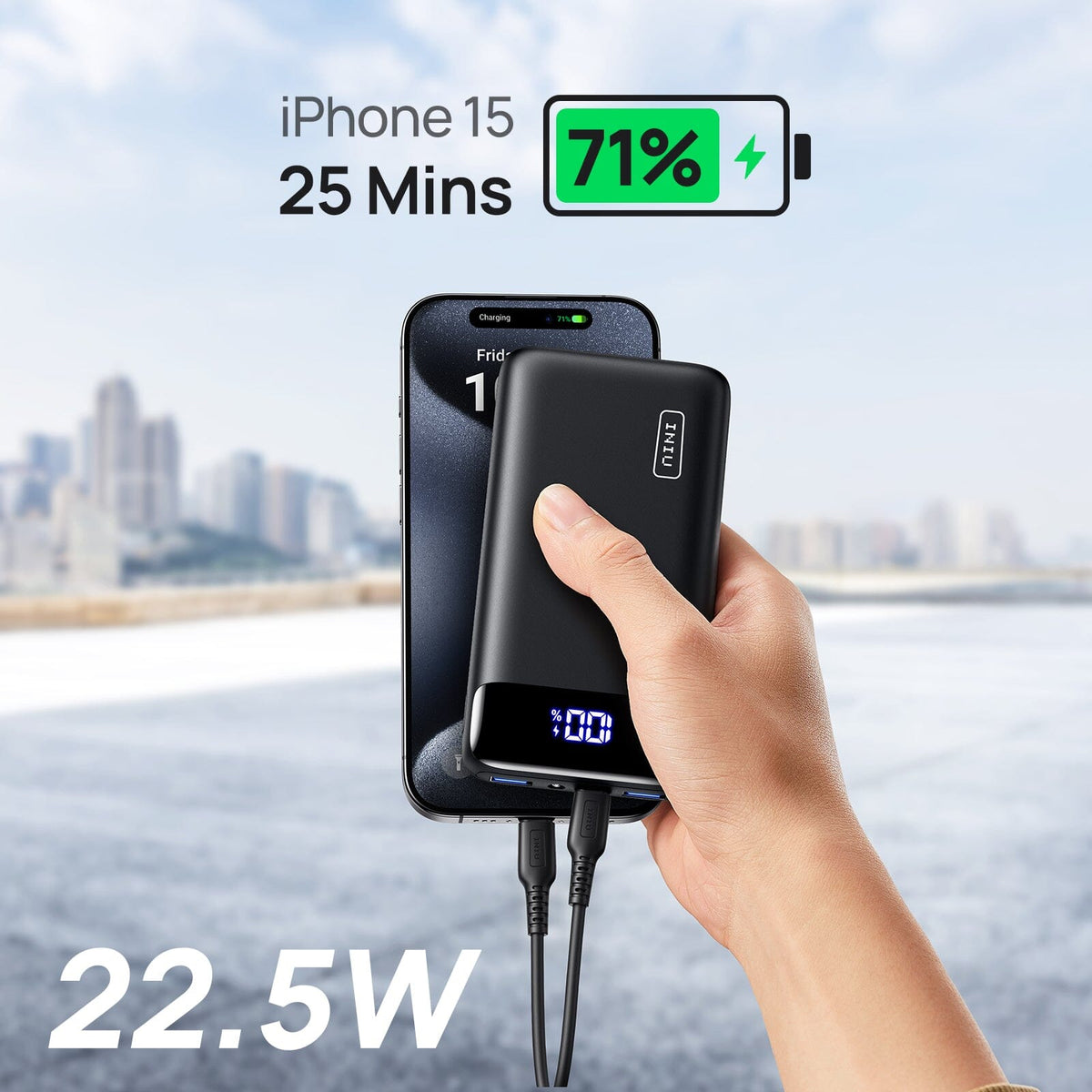 INIU B5 20000mAh Power Bank charging iPhone 15, reaching 71% in 25 mins with 22.5W output.