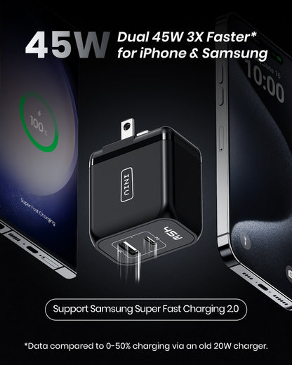 INIU I623 45W Dual Port Fast Charger, Black, charging iPhone and Samsung. Supports Super Fast Charging 2.0.