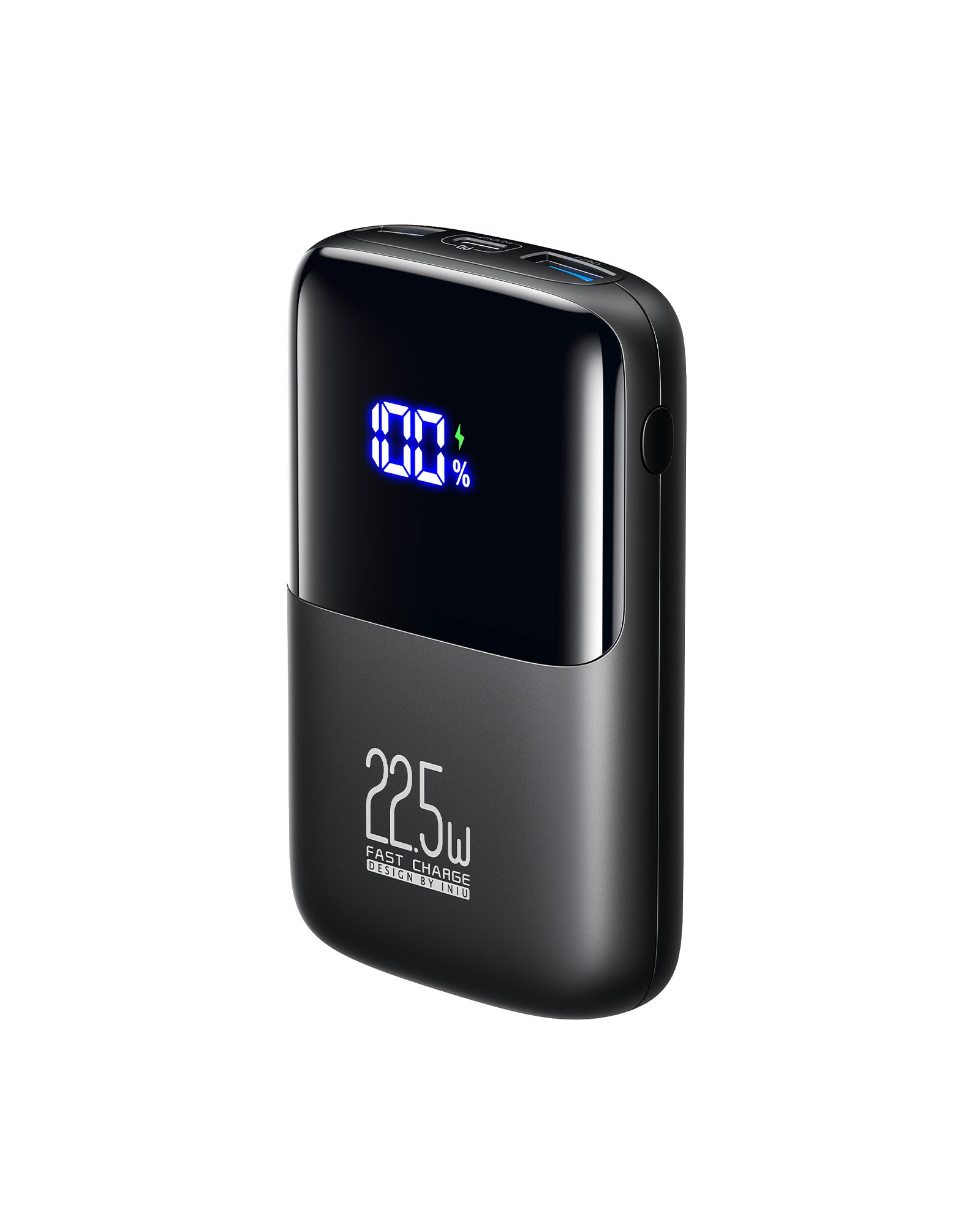 INIU B61 Power Bank: 100% charge display, 22.5W Fast Charge design in black, compact & portable power bank.