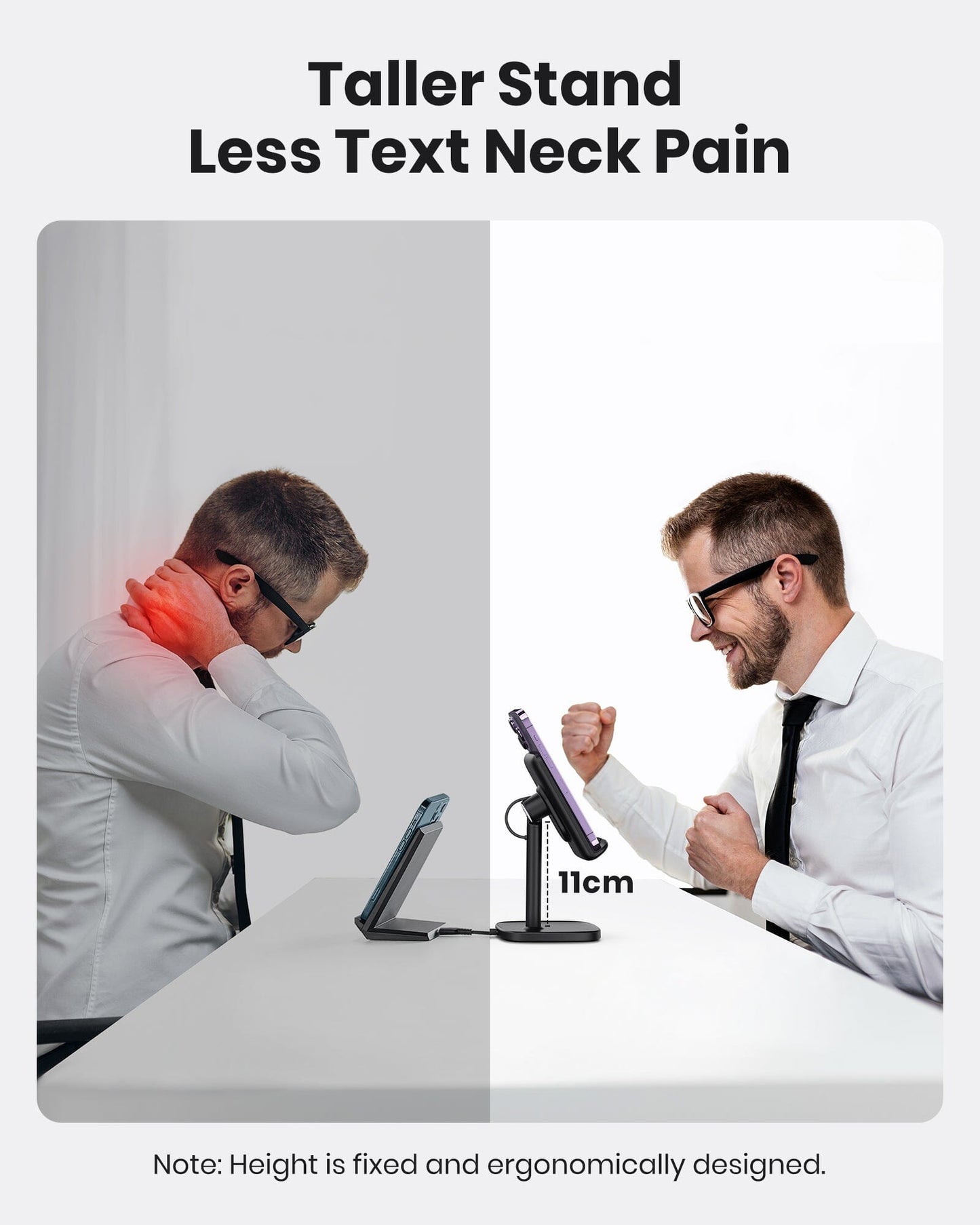 INIU I212 Wireless Charger Stand: Ergonomic design for less neck pain, with 11cm height, perfect for comfortable phone use.