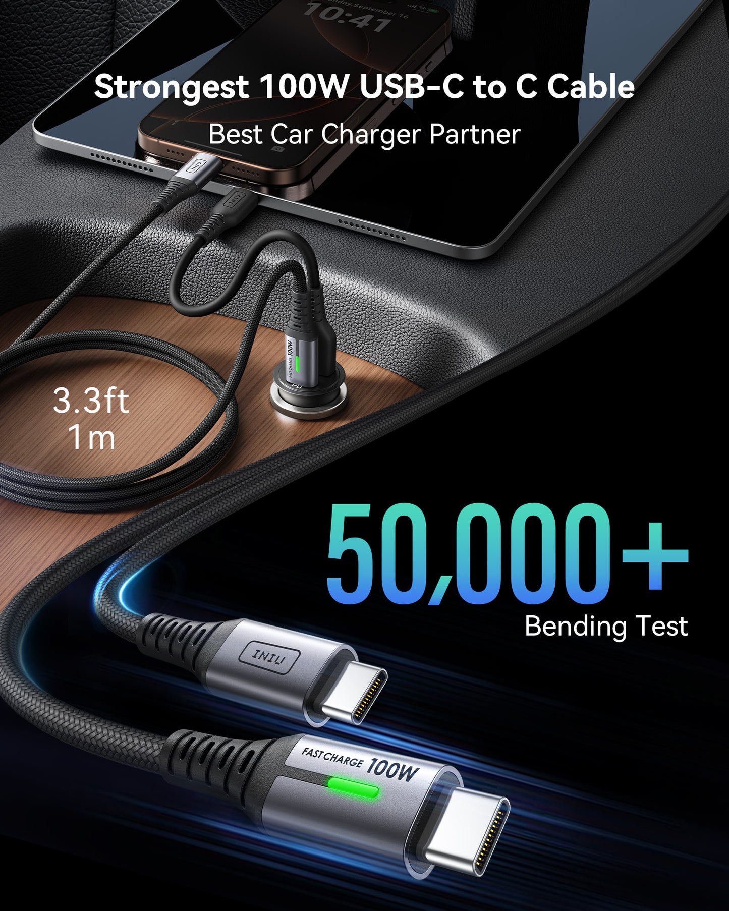 INIU 60W 2-Port Car Charger with 100W USB-C Cable