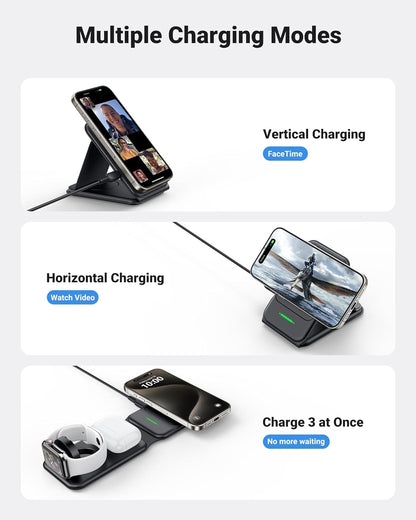INIU Magnetic Foldable 3 in 1 Wireless Charger Compatible MagSafe for iPhone 15/14/13/12 Series, Apple Watch, AirPods (with 3.3ft 60W USB C-C Cable and 20W PD Adapter)