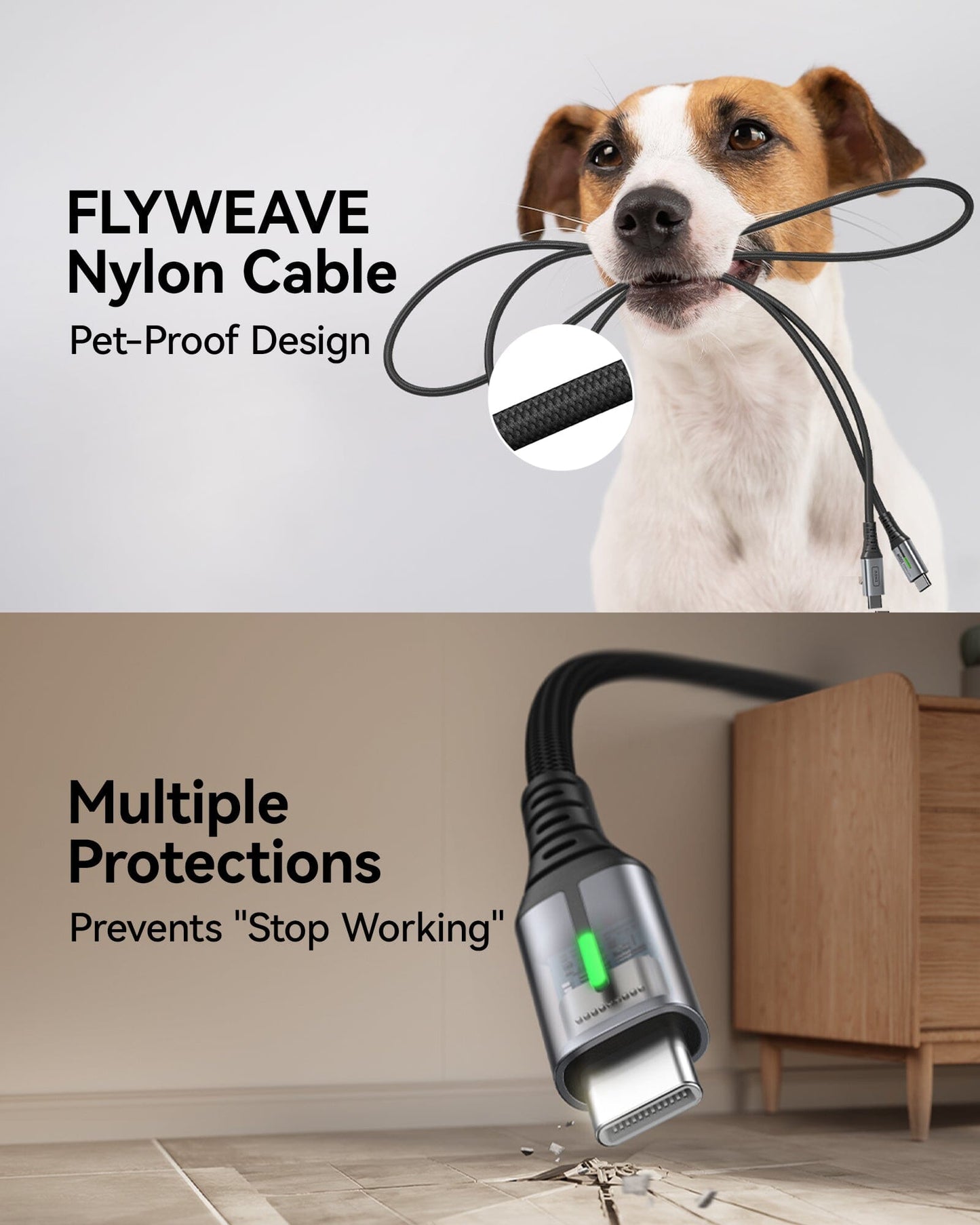 INIU D5CC Nylon USB C Cable, featuring pet-proof design and multiple protections against "Stop Working".