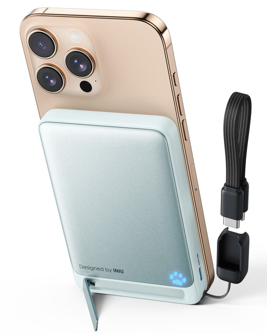 INIU P73-E1 Power Bank Blue: Blue power bank attached to iPhone, Designed by INIU, with a foldable stand and USB-C cable