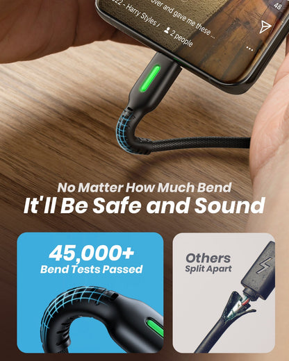INIU D3C USB-C Cable: Durable charging cable with FLYWEAVE braid, bend tested for safety and long use.