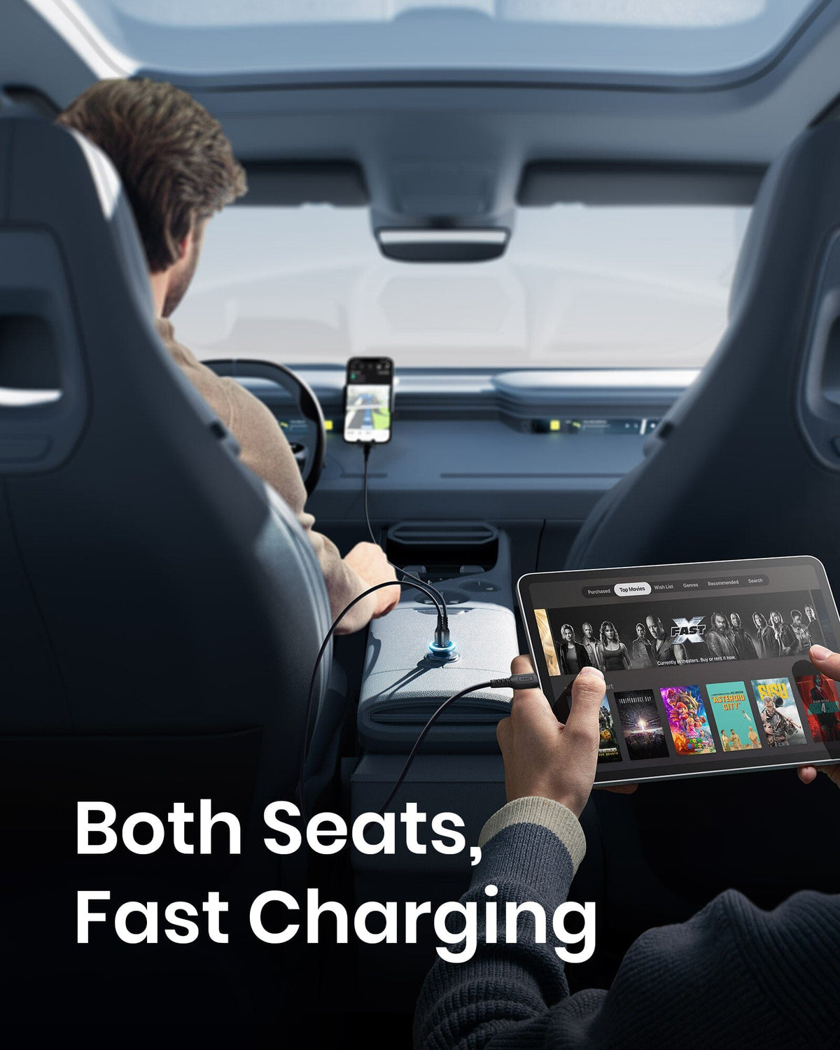 INIU I712 Fast Car Charger charging two devices in car, Both Seats Fast Charging