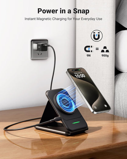 INIU Magnetic Foldable 3 in 1 Wireless Charger Compatible MagSafe for iPhone 15/14/13/12 Series, Apple Watch, AirPods (with 3.3ft 60W USB C-C Cable and 20W PD Adapter)