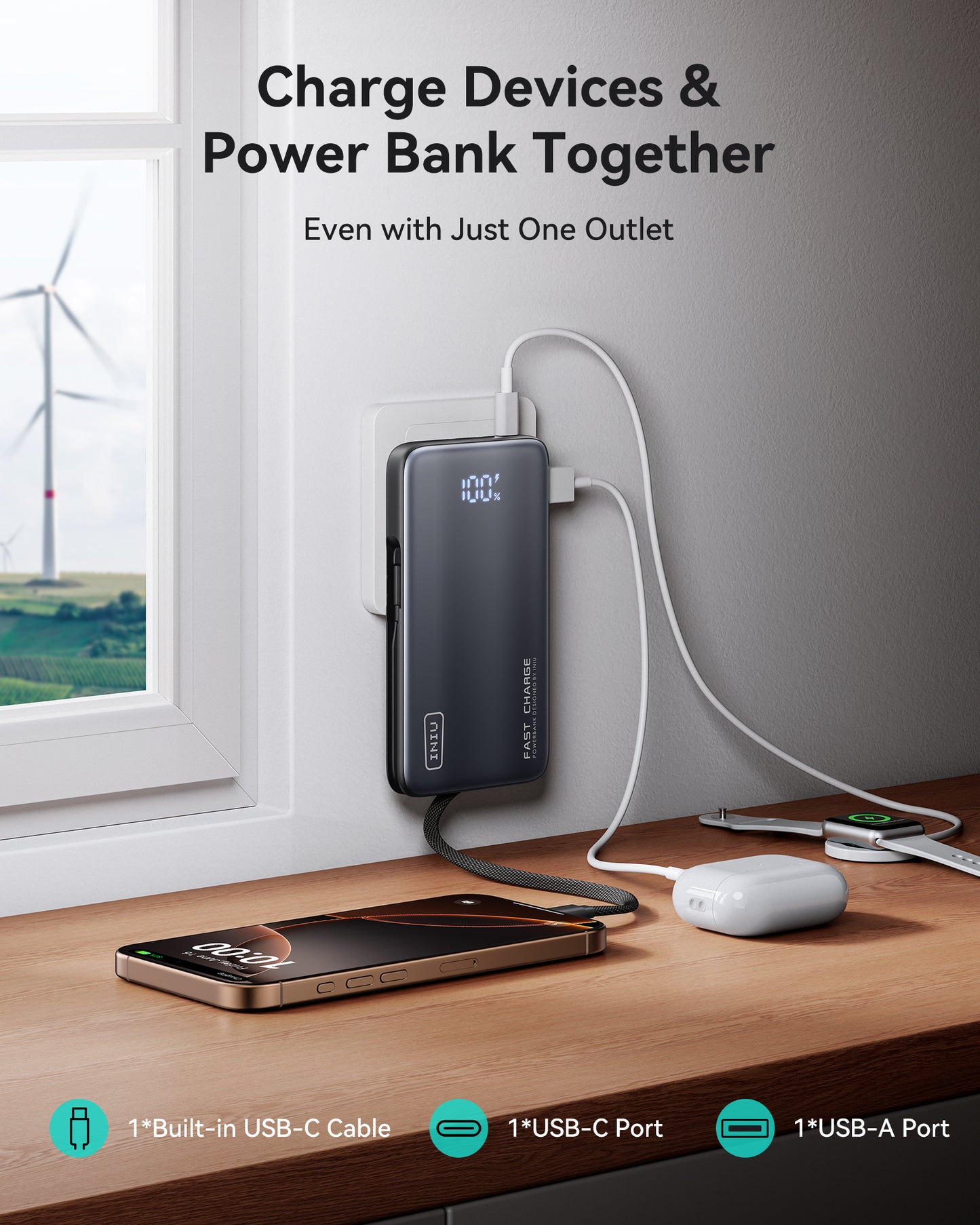 INIU P24-E1 Power Bank charging phone, AirPods, and Apple Watch simultaneously. Features USB-C cable, port, and USB-A port.