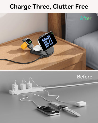 Before-and-after of a nightstand, showing messy cables replaced by the INIU 3-in-1 foldable charger for Watch, AirPods, & iPhone 17.