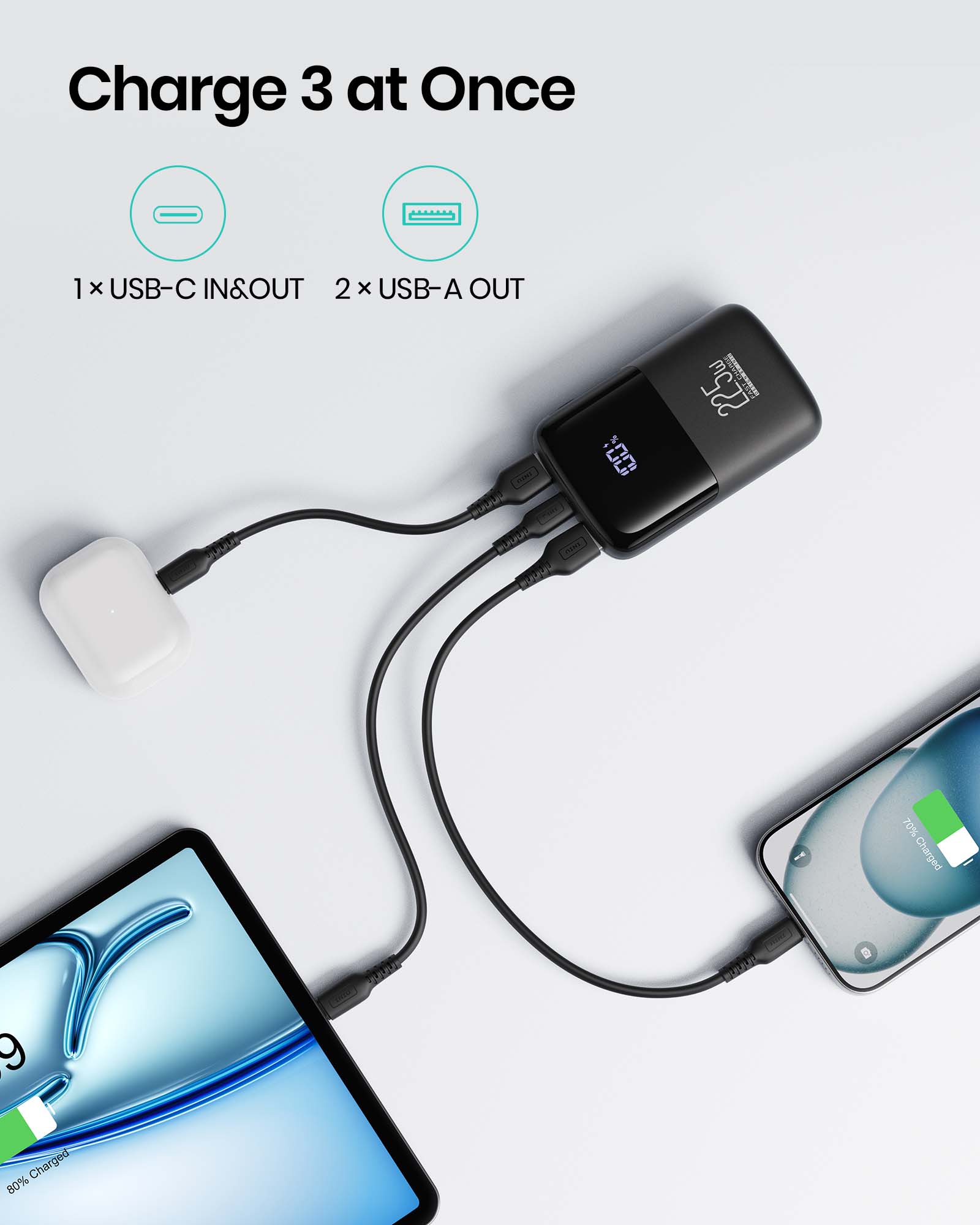 INIU B61 Power Bank 10000mAh, 3-Port Design