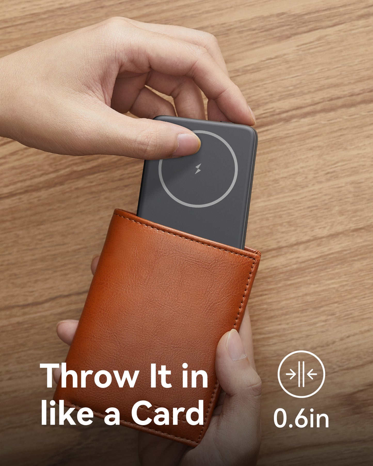 INIU B7 Power Bank: Slim power bank fitting into a card holder, highlighting its compact 0.6in design.