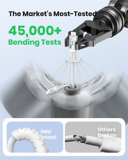 INIU D5CC 100W USB-C Cable: 45,000+ Bending Tests, White Braided, Durable Design, and Intact cable