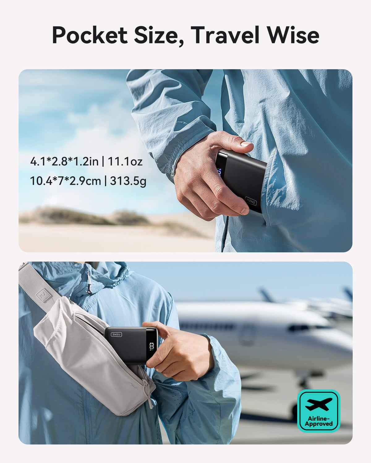 Compact INIU power bank fits in pocket and travel bag, ideal for Black Friday deals on portable chargers for phones.