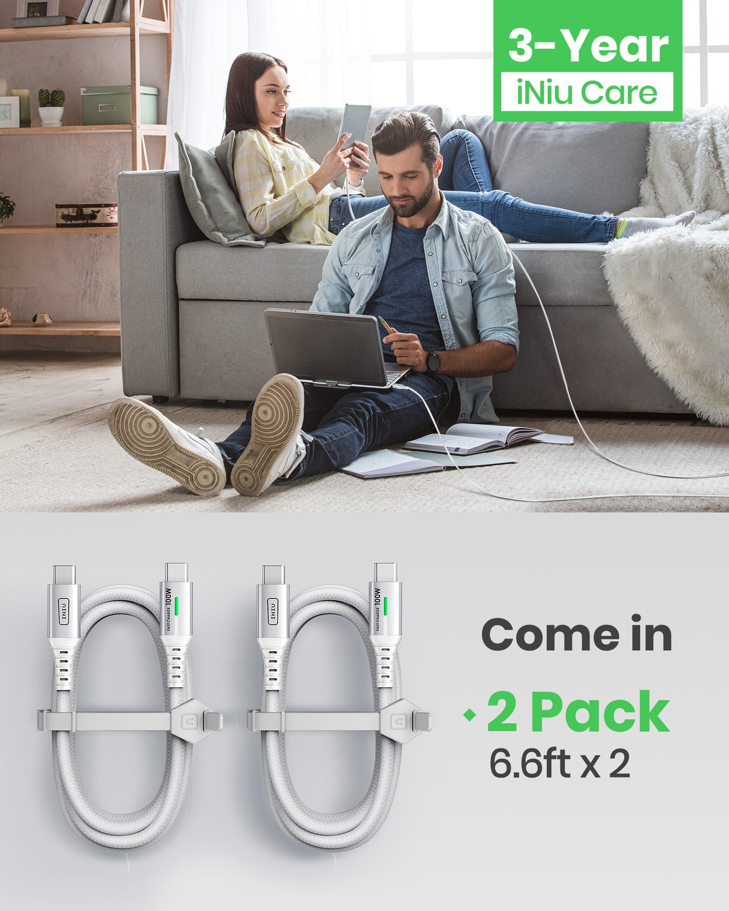 INIU D5CC 100W USB-C Cable 2-Pack: White braided cables, 100W fast charging, 3-Year iNiu Care for devices.