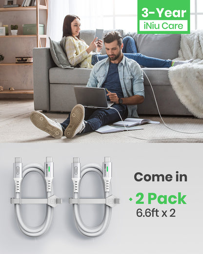 INIU D5CC 100W USB-C Cable 2-Pack: White braided cables, 100W fast charging, 3-Year iNiu Care for devices.