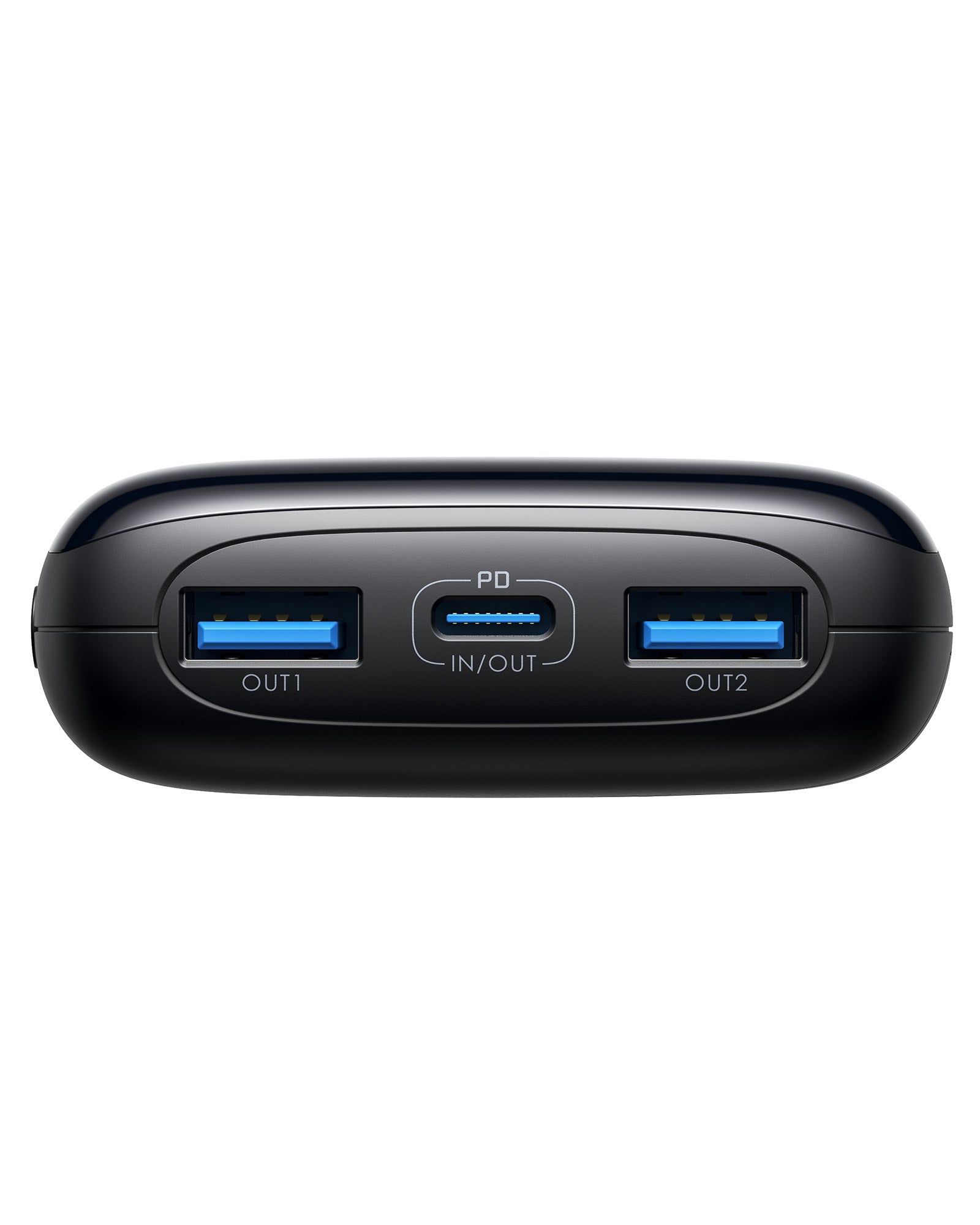 INIU B61 Power Bank: Black, 3-Port USB-C power bank showing ports, IN/OUT, OUT1, OUT2 with PD fast charging.
