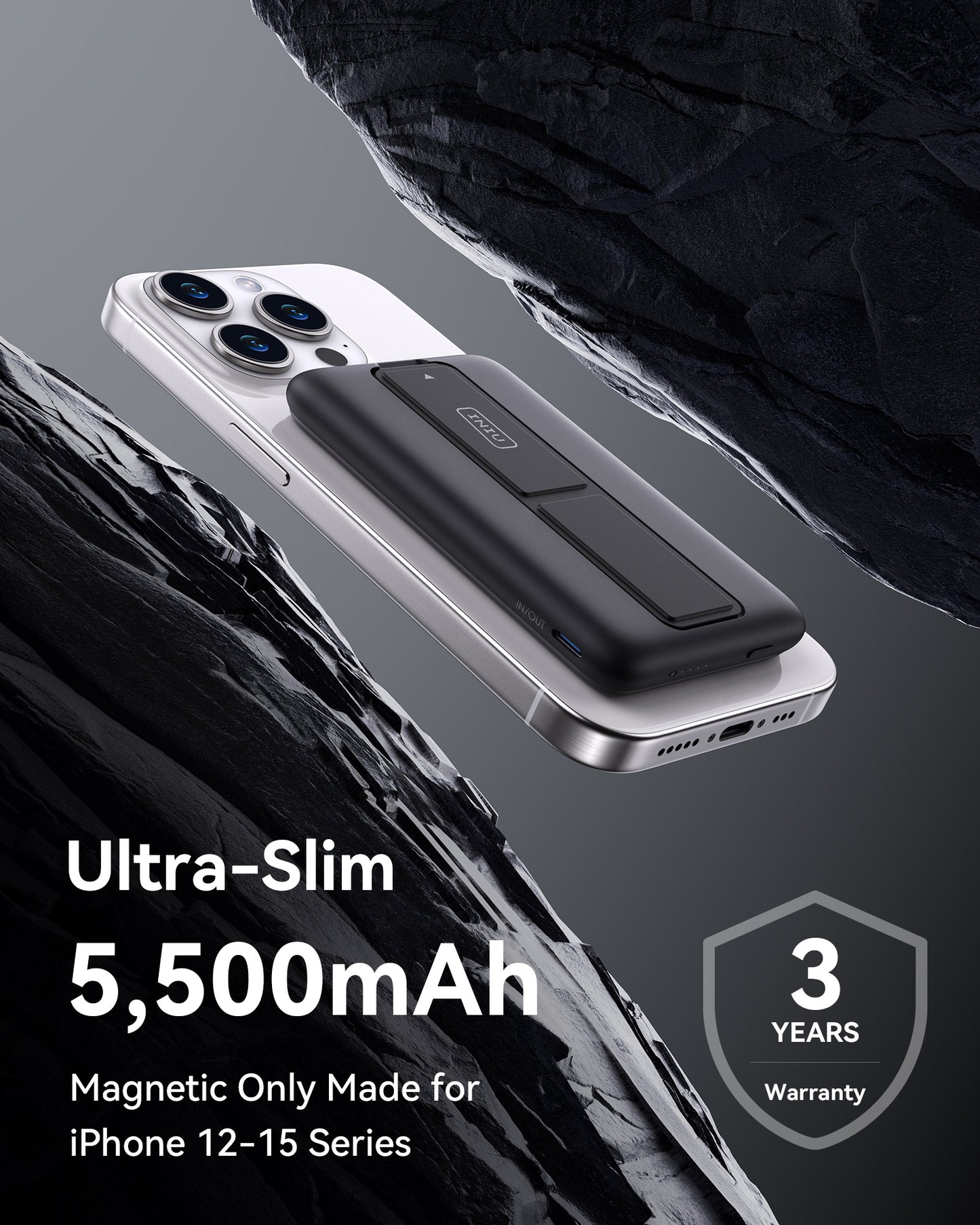 INIU B7 5,500mAh Magnetic Power Bank for iPhone 12-15 Series, ultra-slim design, 3-year warranty.