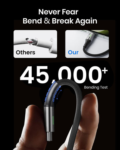 INIU 100W USB C Cable: Durable black braided cable, bend-resistant design, and 45,000+ bending test.