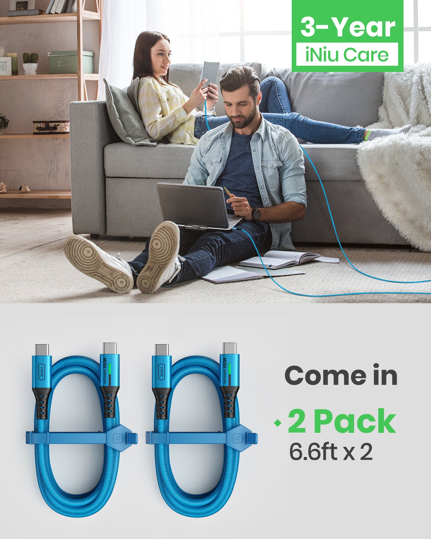 INIU D5CC USB C to C Cable Blue 100W (6.6ft, 2-Pack),Compatible with iPhone 14 13 12 Pro Samsung S21 Google LG iPad Tablet, etc.
