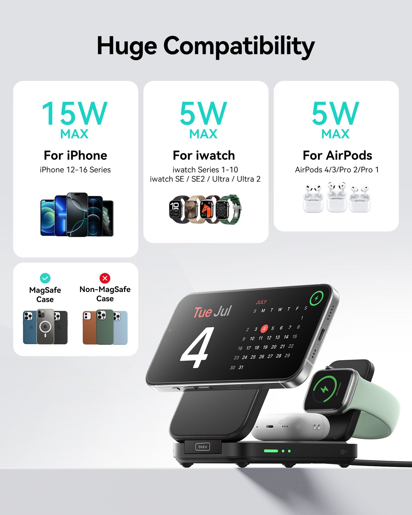 INIU SnapGo W31-E1 Qi2 15W 3 in 1 Magnetic Foldable Wireless Charger